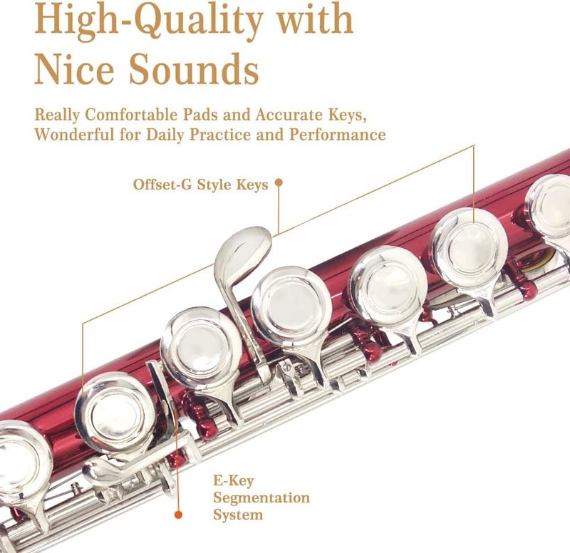 YANASON Red C Flute Closed Hole 16 Keys Flute Nickel-Plated for Beginner, Student and Professionals with Carrying case, Metal stand, Gloves, Tuning Rod, Cleaning kit(Red) - Image 3